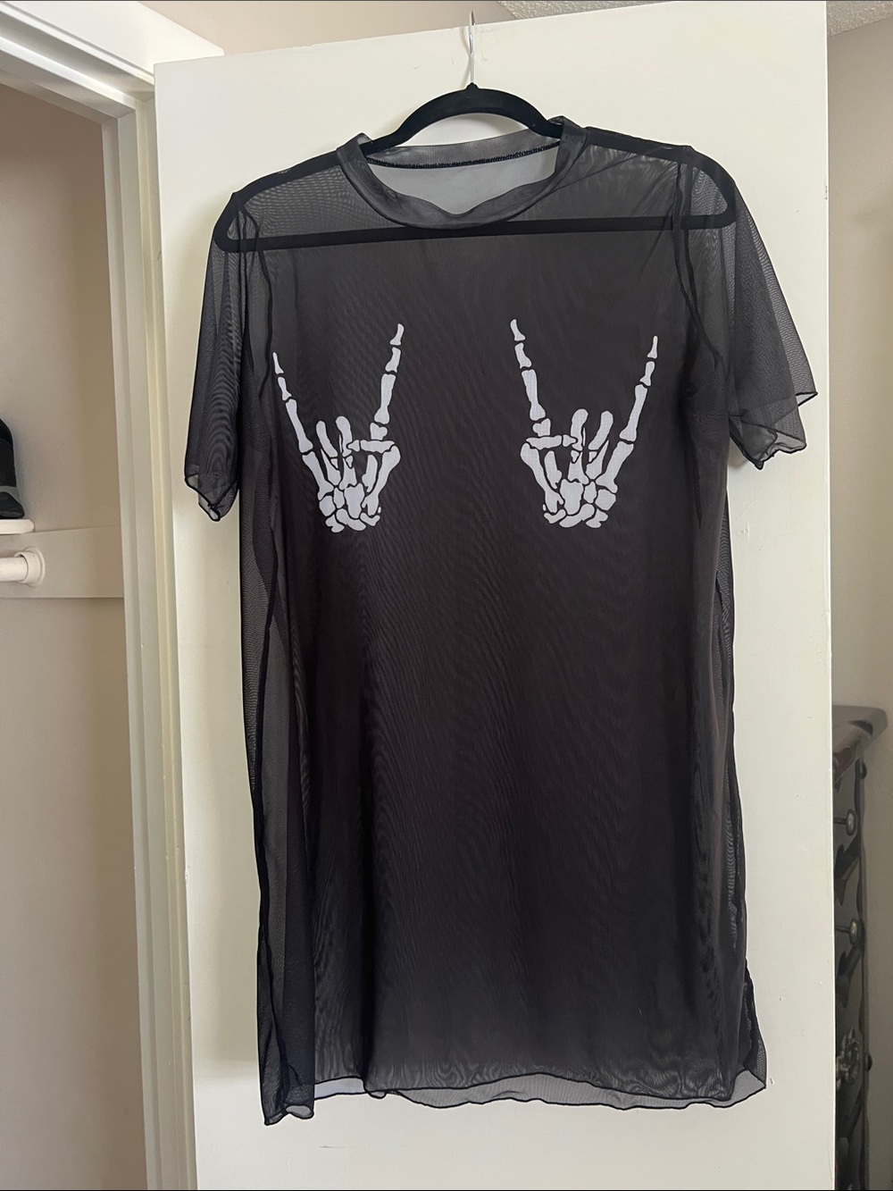 Sheer Black Mesh Dress with Skeleton Hand Graphics